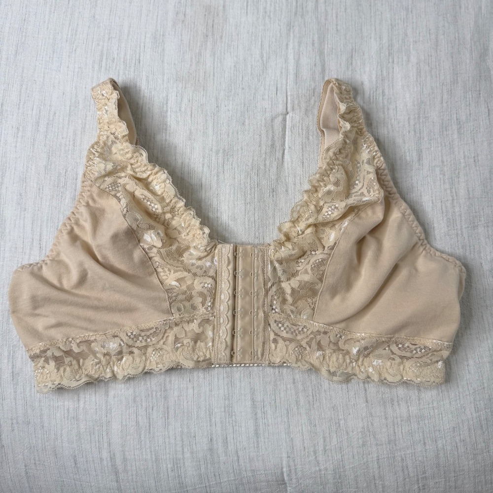 Unbranded Women XL Beige Lacy Front Hook Bra Wireless Cotton Bralette 61582